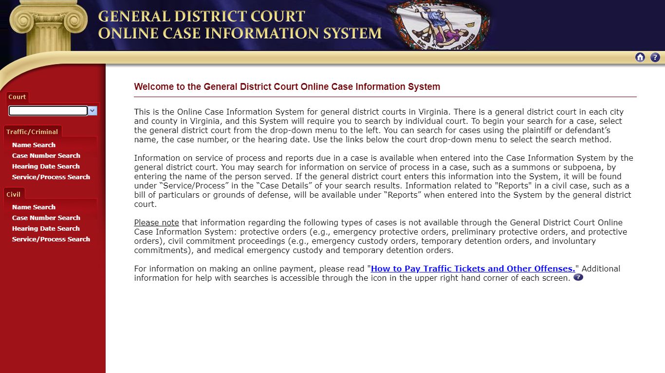 GENERAL DISTRICT COURT ONLINE CASE INFORMATION SYSTEM