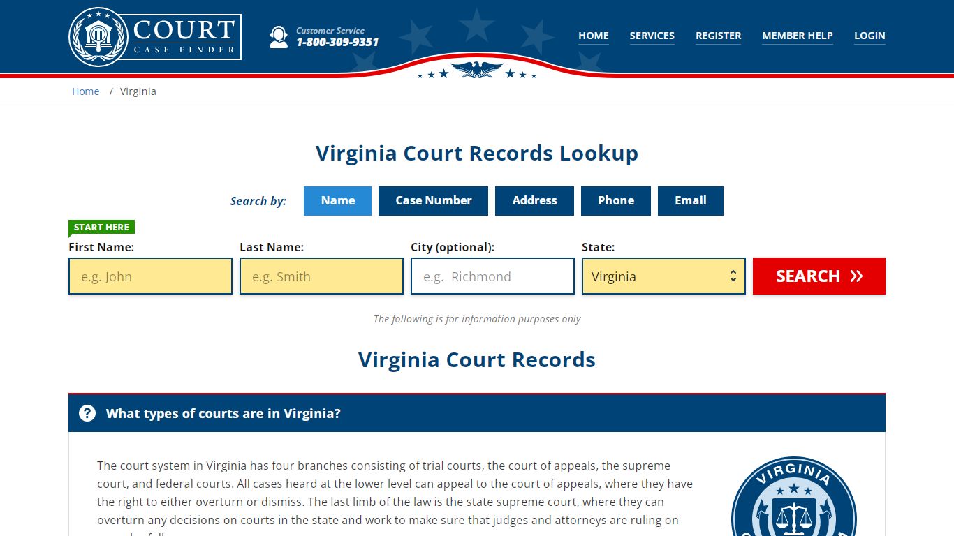 Virginia Court Records Lookup - VA Court Case Search - CourtCaseFinder.com